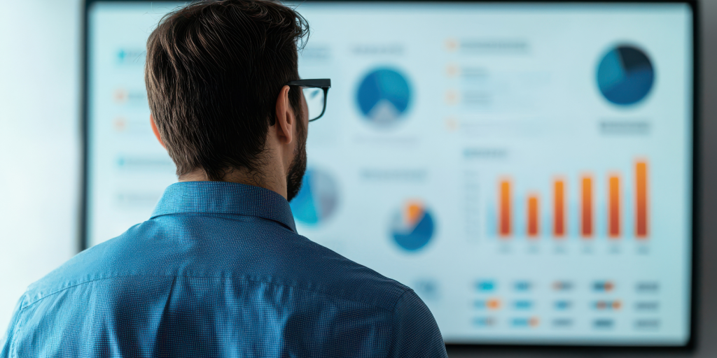 IT Professional observing audit data dashboard displayed on a big screen